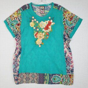 Johnny Was Embroidered Tunic Top Colorblock Mixed Patterns Peasant Boho size L